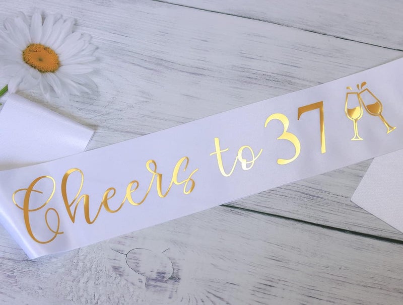 Docooniver It's my 37th Birthday Sash for Women and Men,Cheers to 37,Happy 37th Birthday Sash White with Gold Foil Lettering. - Image 2